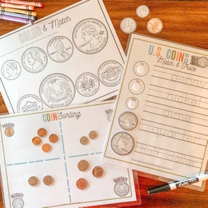 Actividad monetaria para niños, monedas estadounidenses, juego de matemáticas para jardín de infantes, aprendizaje del valor del dinero, plan de estudios de primer grado, hoja de trabajo para educación en el hogar, educación temprana