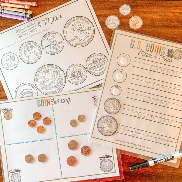 Kids Money Activity, US Coins, Kindergarten Math Game, Learning Money Value, First Grade Curriculum, Homeschool Worksheet, Early Education