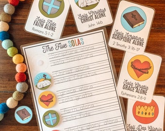 May include: A collection of educational cards and a worksheet with the text "The Five Solas". The cards feature illustrations of a shield, a lamb, a heart, a bible, and a crown. The cards have text such as "Sola Fide Faith Alone" and "Sola Scriptura Scripture Alone".
