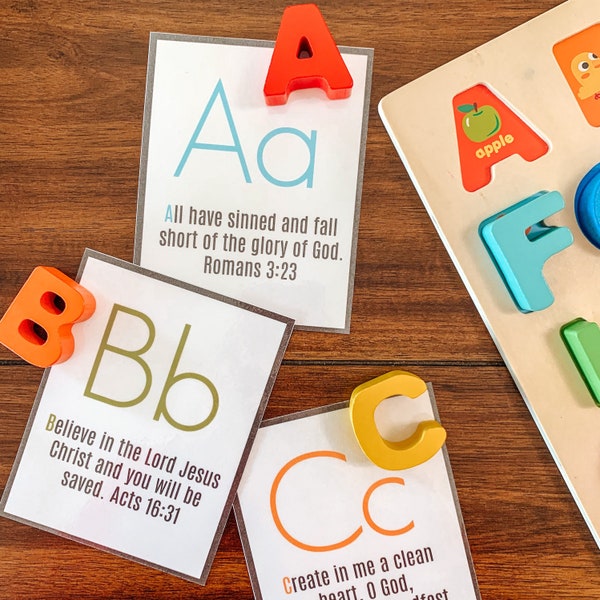 Alphabet Bible Verse Cards, Printable ABC Bible Flashcards, Kid's Daily Verse, Children's Bible Study, Sunday School Lesson, Homeschool Tool