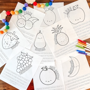 May include: Black and white printable coloring pages featuring fruit illustrations with words like "Peace", "Joy", "Love", "Goodness", "Kindness", "Faithfulness", "Self-Control", and "Gentleness".