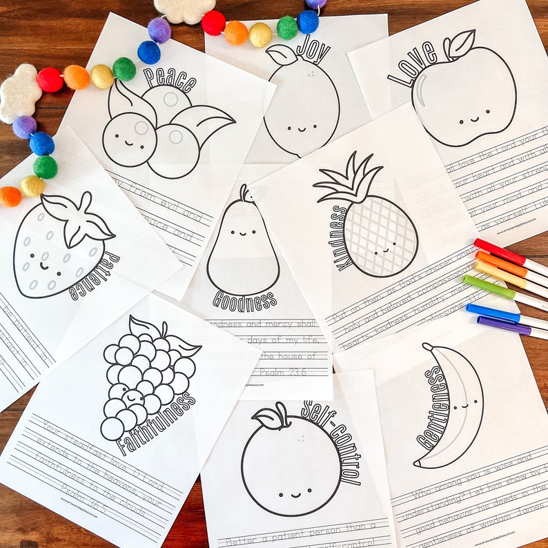 May include: Black and white printable coloring pages featuring fruit illustrations with words like "Peace", "Joy", "Love", "Goodness", "Kindness", "Faithfulness", "Self-Control", and "Gentleness".