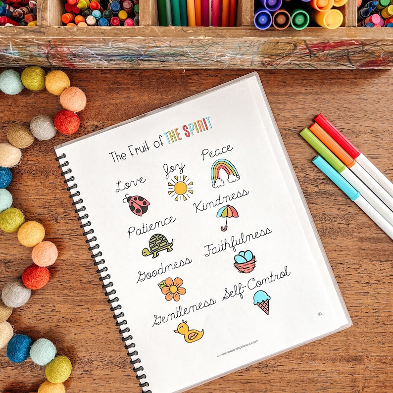 May include: A white printable page with the phrase "The Fruit of the Spirit" at the top. The page lists nine virtues with corresponding illustrations: love (ladybug), joy (sun), peace (rainbow), patience (turtle), kindness (umbrella), goodness (flower), faithfulness (bird's nest), gentleness (duck), and self-control (ice cream cone).