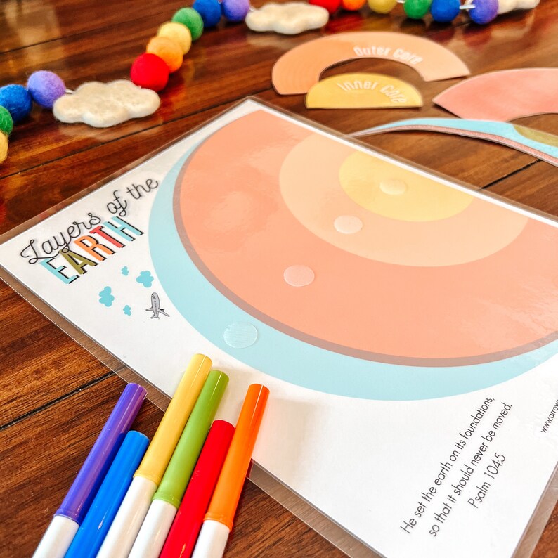 May include: A printable worksheet for kids to learn about the layers of the Earth. The worksheet features a colorful rainbow-like diagram with the words "Layers of the Earth" at the top. The worksheet also includes a Bible verse about the Earth's foundations: "He set the earth on its foundations, so that it should never be moved. Psalm 104:5".