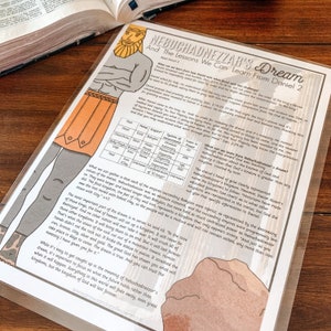 May include: A colorful illustrated chart about Nebuchadnezzar's dream from the Bible book of Daniel. The chart includes a diagram of a statue made of different metals, representing different empires, and a table listing the empires, their systems of government, and the number of years they ruled. The text includes the quote "In the time of these kings, the God of heaven will set up a kingdom. It will never be destroyed."