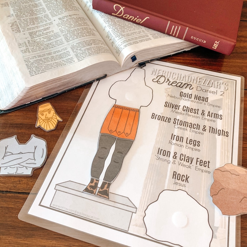 May include: A printable paper doll representing Nebuchadnezzar's dream from Daniel 2 in the Bible. The doll is made up of different body parts representing different empires: gold head, silver chest and arms, bronze stomach and thighs, iron legs, and iron and clay feet. The text on the page reads "Nebuchadnezzar's Dream Daniel 2" and includes the names of the empires represented by each body part.