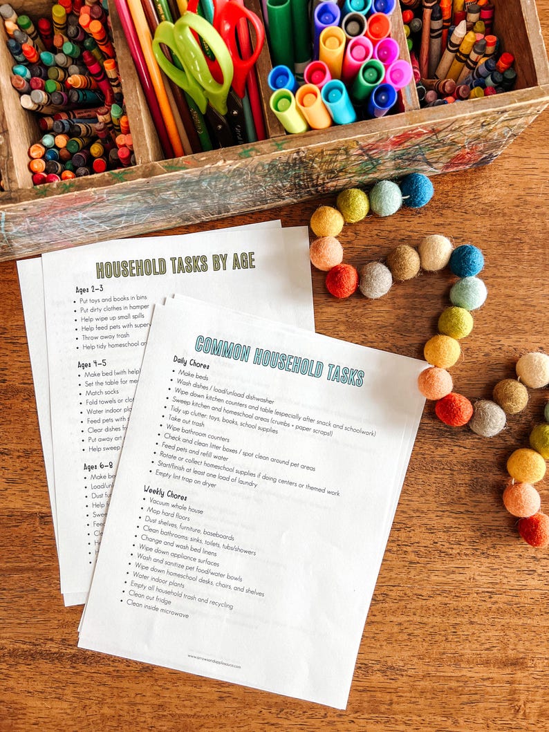 May include: Two printable checklists for household chores, organized by age. The first checklist is titled "Household Tasks by Age" and lists chores for ages 2-3, 4-5, and 6-8. The second checklist is titled "Common Household Tasks" and lists daily and weekly chores.
