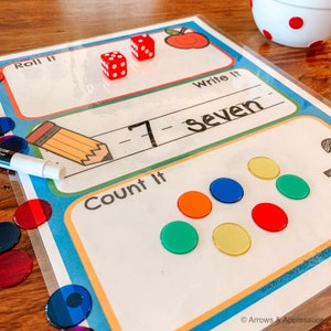 K&ouml;nnte beinhalten: Eine Lernaktivit&auml;t f&uuml;r Kinder mit einer wei&szlig;en Karte mit den Worten "Roll It", "Write It" und "Count It". Zwei rote W&uuml;rfel werden geworfen und zeigen eine Summe von sieben. Die Karte enth&auml;lt auch eine Bleistiftzeichnung und das Wort "seven" geschrieben. Sieben bunte Kreise sind in einer Reihe unter dem Wort "Count It" angeordnet.