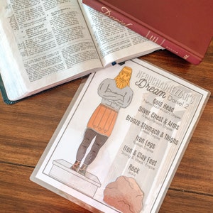 May include: A printable illustration of Nebuchadnezzar's dream from the Bible book of Daniel. The illustration depicts a large man with a gold head, silver chest and arms, bronze stomach and thighs, iron legs, and iron and clay feet. The text below the illustration explains the meaning of each part of the man's body. The text also includes the phrase "Rock Jesus".