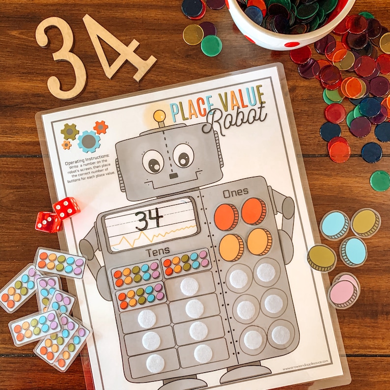 place value counting activity printable kids robot math