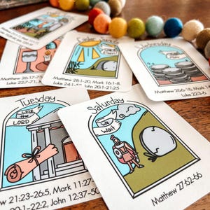 May include: A set of illustrated cards depicting scenes from the Easter story. Each card features a different day of the week, a corresponding Bible verse, and a colorful illustration. The cards are printed on white cardstock and have a rounded corner design.