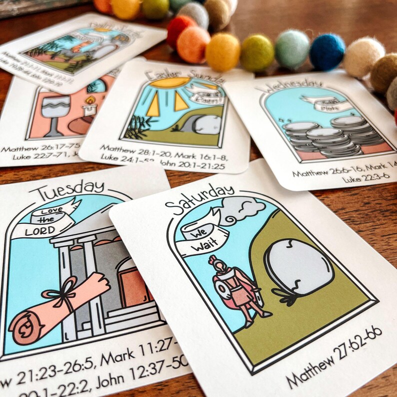 May include: A set of illustrated cards depicting scenes from the Easter story. Each card features a different day of the week, a corresponding Bible verse, and a colorful illustration. The cards are printed on white cardstock and have a rounded corner design.