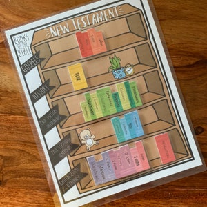 May include: A colourful chart with a bookshelf design showing the books of the New Testament. The books are organised by category, including Gospels, History, Paul's Letters to Churches, Paul's Letters to Friends, General Letters & Prophecy, and Revelation.