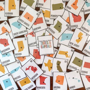Pu&ograve; includere: Una collezione di flashcard colorate con gli stati e le capitali degli Stati Uniti. Ogni carta mostra il contorno di uno stato, il suo nome e la capitale, con una stella che indica la capitale. Le carte sono sparse su una superficie di legno.