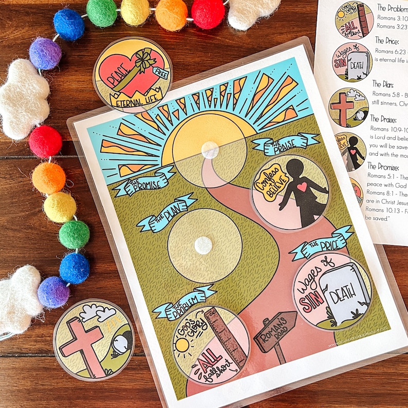 May include: A colorful illustrated game board with a path leading to a heart with the words "Confess & Believe". The game board includes circles with the words "The Promise", "The Plan", "God's Problem", "The Price", "All Fall Short", and "Roman's Road".