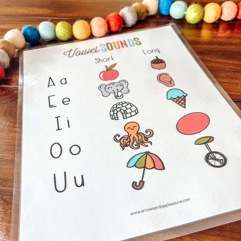 May include: A white printable worksheet with the title "Vowel Sounds" and a chart with the short and long vowel sounds. The chart includes the letters A, E, I, O, and U with corresponding illustrations for each vowel sound.