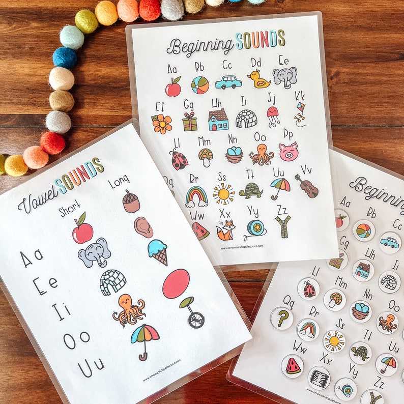 May include: Two printable worksheets for teaching beginning sounds and vowel sounds. The worksheets feature colorful illustrations of animals, objects, and letters. The first worksheet shows the letters A, E, I, O, and U with short and long vowel sounds. The second worksheet shows the letters A through Z with beginning sounds.