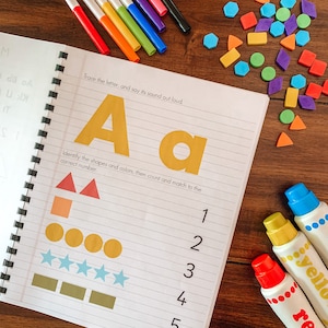 Journal préscolaire, activité préscolaire quotidienne imprimable, apprentissage de l'alphabet, pratique du comptage, motricité fine, enseignement des formes et des couleurs