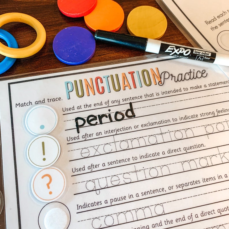 May include: A colorful educational chart with the word "PUNCTUATION Practice" at the top. The chart features different punctuation marks, including a period, exclamation point, question mark, and comma. Each punctuation mark is illustrated with a corresponding symbol and a description of its use in writing.