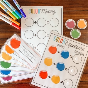 Primary And Secondary Color Mixing Bundle, Printable Color Activities, Color Word Cards, Color Equations, Homeschool Preschool, Learn Colors