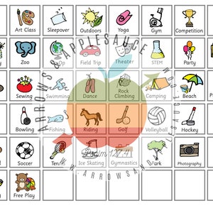 K&ouml;nnte beinhalten: Ein farbenfrohes Diagramm mit 36 Quadraten, jedes mit einer Schwarzwei&szlig;illustration einer Aktivit&auml;t. Die Aktivit&auml;ten umfassen: Film, Kunstunterricht, &Uuml;bernachtungsparty, Drau&szlig;en, Yoga, Fitnessstudio, Wettbewerb, Kirche, Geburtstag, Zoo, Ausflug, Theater, MINT, Party, Bibliothek, Wandern, N&auml;hen, Schwimmen, Tanzen, Klettern, Camping, Strand, Pizzanacht, Grillen, Bowling, Angeln, Reiten, Golf, Volleyball, Hockey, Baseball, Fu&szlig;ball, Fu&szlig;ball, Tennis, Eislaufen, Gymnastik, Park, Fotografie, Backen, Kochen und Freispiel.