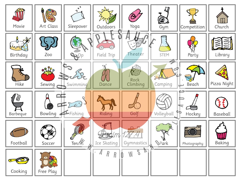 K&ouml;nnte beinhalten: Ein farbenfrohes Diagramm mit 36 Quadraten, jedes mit einer Schwarzwei&szlig;illustration einer Aktivit&auml;t. Die Aktivit&auml;ten umfassen: Film, Kunstunterricht, &Uuml;bernachtungsparty, Drau&szlig;en, Yoga, Fitnessstudio, Wettbewerb, Kirche, Geburtstag, Zoo, Ausflug, Theater, MINT, Party, Bibliothek, Wandern, N&auml;hen, Schwimmen, Tanzen, Klettern, Camping, Strand, Pizzanacht, Grillen, Bowling, Angeln, Reiten, Golf, Volleyball, Hockey, Baseball, Fu&szlig;ball, Fu&szlig;ball, Tennis, Eislaufen, Gymnastik, Park, Fotografie, Backen, Kochen und Freispiel.