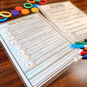 May include: A printable worksheet with a colorful chart explaining punctuation marks and their uses. The chart includes examples of how to use each punctuation mark. The worksheet also includes a section for practice with sentences using different punctuation marks.