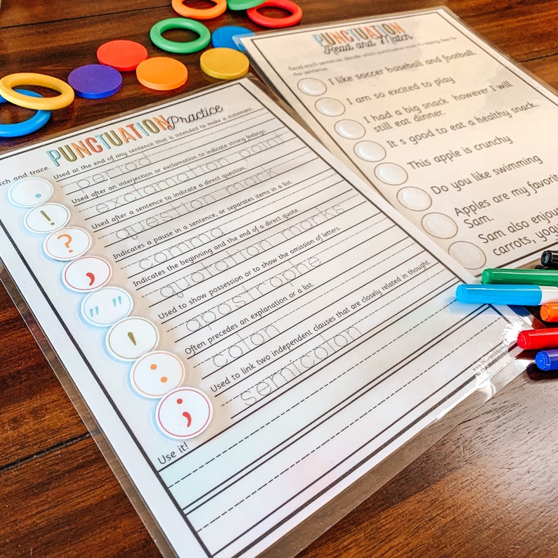 May include: A printable worksheet with a colorful chart explaining punctuation marks and their uses. The chart includes examples of how to use each punctuation mark. The worksheet also includes a section for practice with sentences using different punctuation marks.