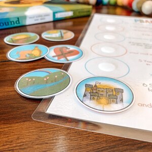 May include: A set of colorful, illustrated, round stickers with images of a rainbow, a castle, a heart with a staff, a lamb, and a shepherd. The stickers are on a white sheet of paper with the text "Pray" at the top.