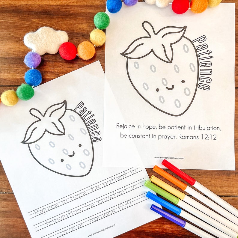 May include: A printable coloring page featuring a strawberry with a smiling face and the word "Patience" written vertically along the side. The page also includes the Bible verse "Rejoice in hope, be patient in tribulation, be constant in prayer. Romans 12:12".