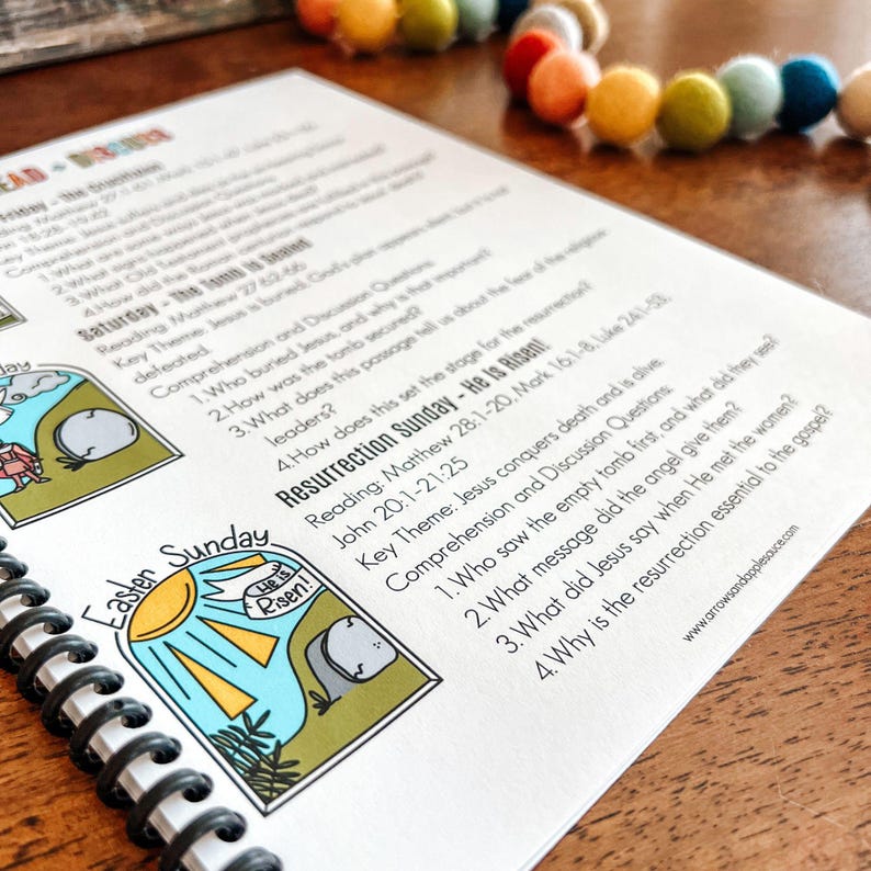 May include: A printable worksheet with a colorful illustration of a sun rising over a stone tomb. The worksheet is titled "Easter Sunday - He is Risen!" and includes comprehension questions about the resurrection of Jesus.
