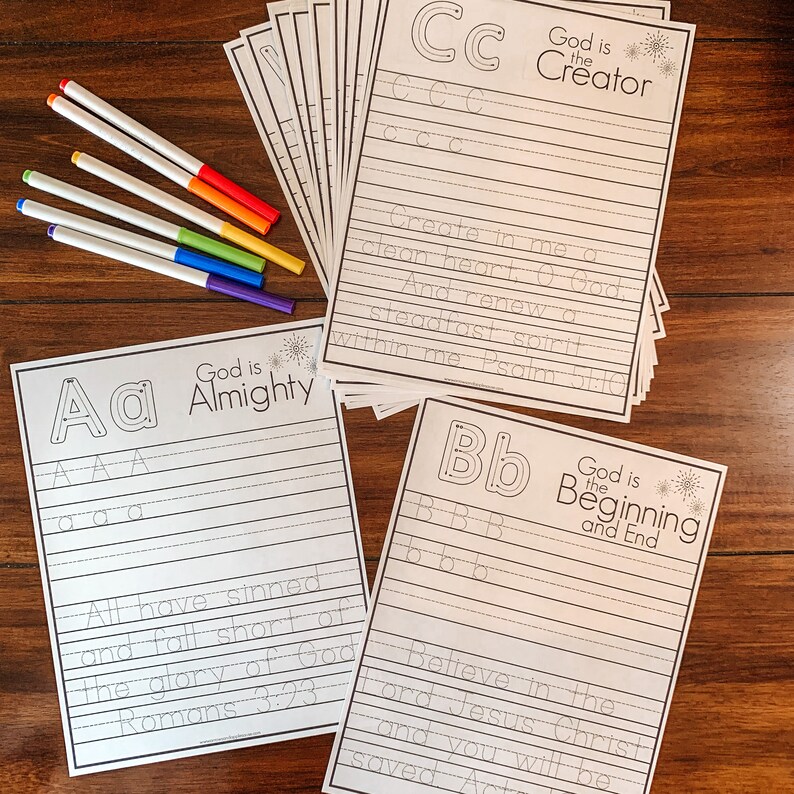 bible verse tracing pages printable alphabet worksheets etsy