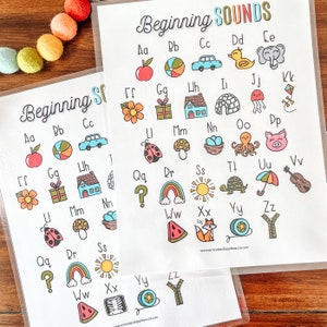 May include: Two printable worksheets with colorful illustrations of objects starting with each letter of the alphabet. The worksheets are titled "Beginning Sounds" and feature a variety of images, including an apple, a ball, a car, a duck, an elephant, a flower, a gift, a house, a ladybug, a mushroom, a nest, an octopus, a pig, a rainbow, a sun, a turtle, an umbrella, a violin, a watermelon, a fox, a yo-yo, and a zipper.