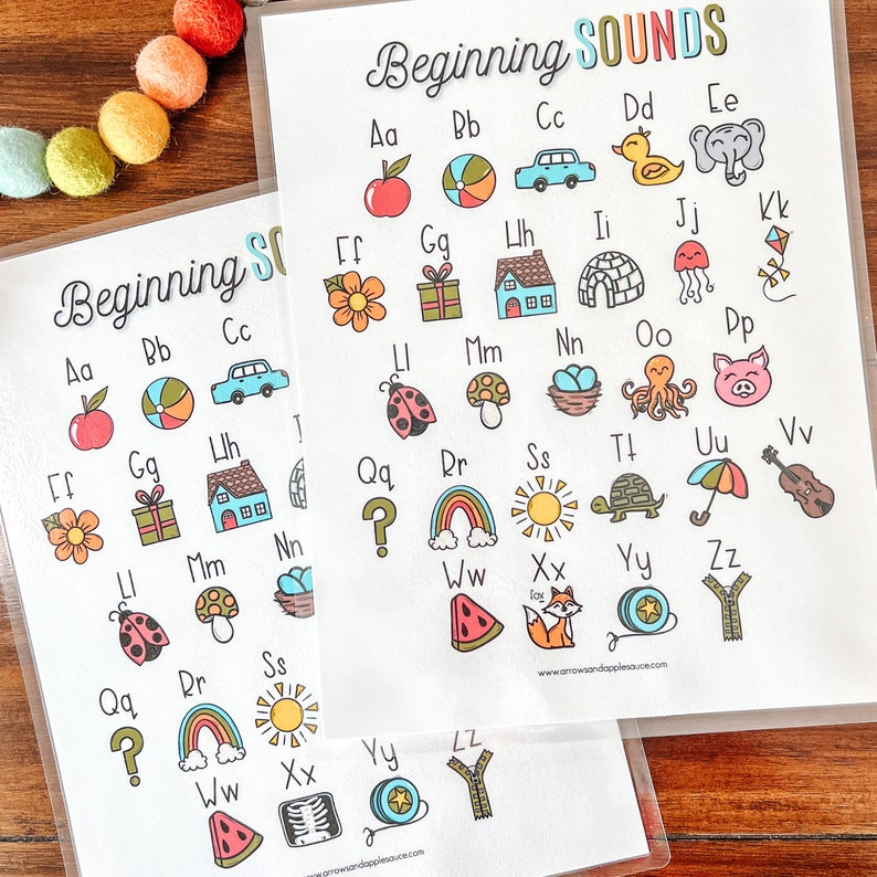 May include: Two printable worksheets with colorful illustrations of objects starting with each letter of the alphabet. The worksheets are titled "Beginning Sounds" and feature a variety of images, including an apple, a ball, a car, a duck, an elephant, a flower, a gift, a house, a ladybug, a mushroom, a nest, an octopus, a pig, a rainbow, a sun, a turtle, an umbrella, a violin, a watermelon, a fox, a yo-yo, and a zipper.