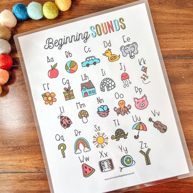 May include: A printable chart with colorful illustrations and the letters of the alphabet, showing beginning sounds. The chart includes words like apple, ball, car, dog, elephant, flower, gift, house, igloo, jellyfish, kite, lemon, mushroom, nest, octopus, pig, rainbow, sun, turtle, umbrella, violin, watermelon, x-ray, yo-yo, and zipper.