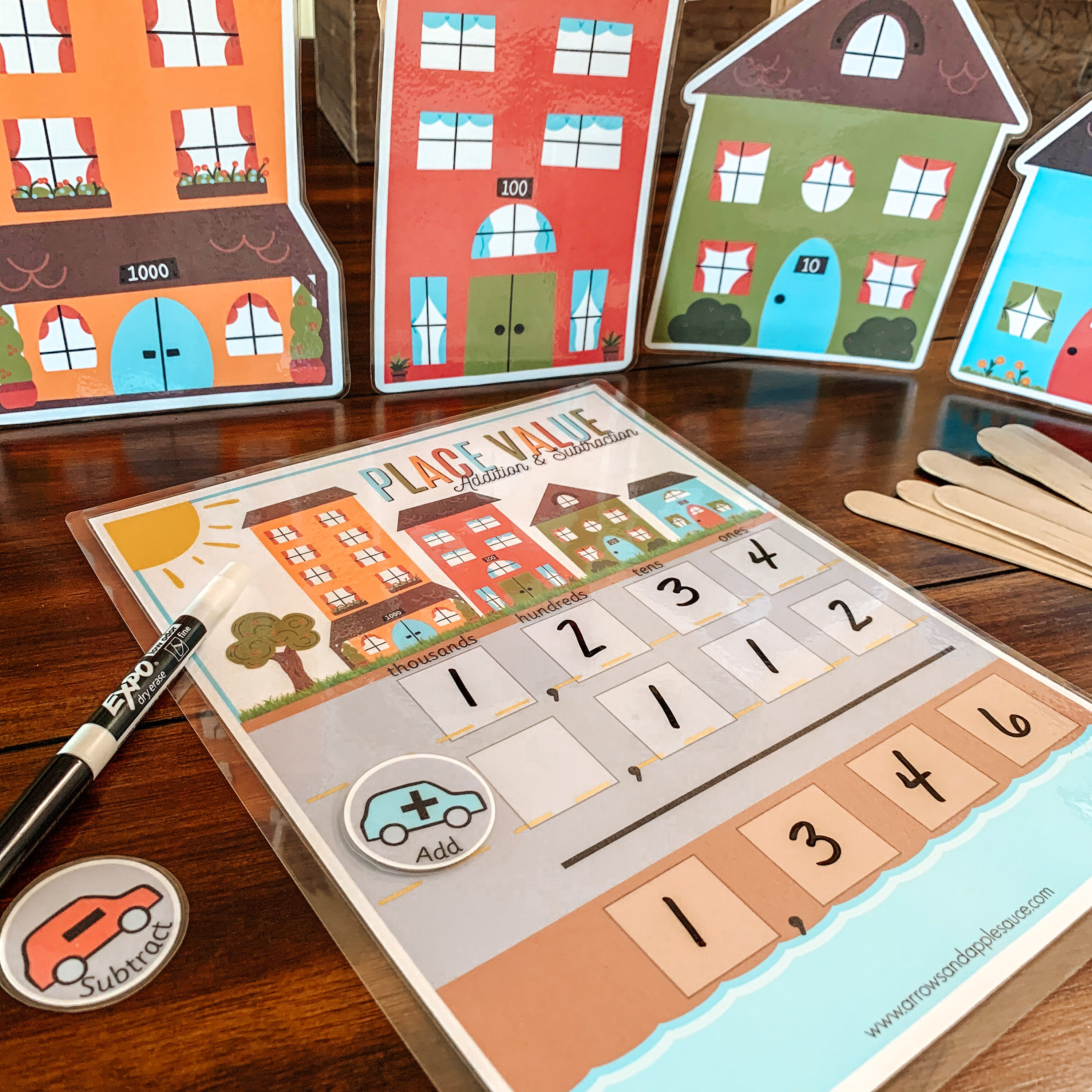 Place Value BUNDLE, Printable Place Value Village and Math Worksheet, Addition and Subtraction Practice, Kids Math Manipulative, Homeschool