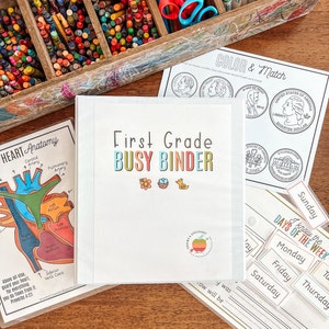 Eerste klas drukke binder, afdrukbare educatieve spellen, leerplan van de eerste klas, thuisschoolactiviteiten, wiskunde en wetenschappen voor kinderen, leren lezen