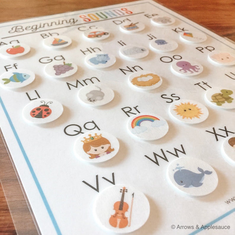 Może przedstawiać: Biała, drukowalna karta z tytułem "Beginning Sounds" i kolorowymi ilustracjami przedmiot&oacute;w zaczynających się na każdą literę alfabetu. Karta została zaprojektowana do nauki dzieci dźwięk&oacute;w alfabetu.