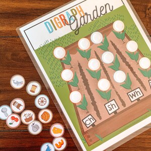Puede incluir: Un juego de jard&iacute;n de d&iacute;grafos imprimible con un marco de madera marr&oacute;n y hierba verde. El juego presenta 15 c&iacute;rculos blancos con espacios en blanco para que los ni&ntilde;os escriban d&iacute;grafos. El juego tambi&eacute;n presenta cuatro letreros con los d&iacute;grafos 'Ch', 'Sh', 'Wh' y 'Th'.