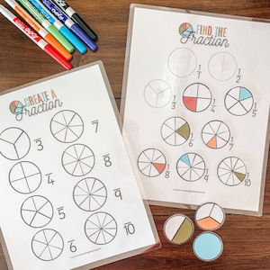 May include: Two printable worksheets for learning fractions. The first worksheet is titled "Create a Fraction" and has ten circles divided into different numbers of sections. The second worksheet is titled "Find the Fraction" and has ten circles with different fractions shaded in.