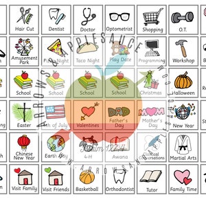 K&ouml;nnte beinhalten: Ein farbenfrohes Diagramm mit 48 Feldern, jedes mit einem anderen Symbol und Text. Die Symbole stellen verschiedene Aktivit&auml;ten, Feiertage und Ereignisse dar. Der Text enth&auml;lt W&ouml;rter wie "Hausarbeiten", "Haarschnitt", "Zahnarzt", "Arzt", "Augenarzt", "Einkaufen", "O.T.", "Therapie", "Urlaub", "Vergn&uuml;gungspark", "Pizza-Abend", "Taco-Abend", "Spieltermin", "Programmieren", "Workshop", "Babysitten", "Schule", "Weihnachten", "Halloween", "Reformationstag", "Erntedankfest", "Ostern", "4. Juli", "Valentinstag", "Vatertag", "Muttertag", "Neujahr", "St. Patrick's Day", "Chanukka", "Chinesisches Neujahr", "Tag der Erde", "4-H", "Awana", "Klassische Gespr&auml;che", "Kampfsport", "Pfadfinder", "Aquarium", "Familienbesuch", "Freunde besuchen", "Basketball", "Kieferorthop&auml;de", "Nachhilfe", "Familienzeit", und "BMX".