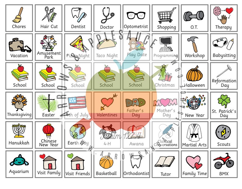 K&ouml;nnte beinhalten: Ein farbenfrohes Diagramm mit 48 Feldern, jedes mit einem anderen Symbol und Text. Die Symbole stellen verschiedene Aktivit&auml;ten, Feiertage und Ereignisse dar. Der Text enth&auml;lt W&ouml;rter wie "Hausarbeiten", "Haarschnitt", "Zahnarzt", "Arzt", "Augenarzt", "Einkaufen", "O.T.", "Therapie", "Urlaub", "Vergn&uuml;gungspark", "Pizza-Abend", "Taco-Abend", "Spieltermin", "Programmieren", "Workshop", "Babysitten", "Schule", "Weihnachten", "Halloween", "Reformationstag", "Erntedankfest", "Ostern", "4. Juli", "Valentinstag", "Vatertag", "Muttertag", "Neujahr", "St. Patrick's Day", "Chanukka", "Chinesisches Neujahr", "Tag der Erde", "4-H", "Awana", "Klassische Gespr&auml;che", "Kampfsport", "Pfadfinder", "Aquarium", "Familienbesuch", "Freunde besuchen", "Basketball", "Kieferorthop&auml;de", "Nachhilfe", "Familienzeit", und "BMX".
