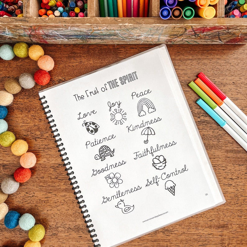 May include: A black and white printable worksheet with the text "The Fruit of the Spirit" and illustrations of the nine fruits of the spirit: love, joy, peace, patience, kindness, goodness, faithfulness, gentleness, and self-control.