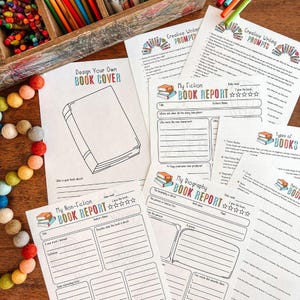 May include: A set of printable book report templates for students. The templates include sections for title, author, date read, a rating system, and questions about the book. The templates are designed for fiction, non-fiction, and biography books.