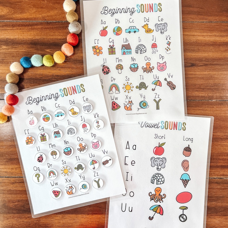 May include: Three printable worksheets for teaching beginning sounds and vowel sounds. The worksheets feature colorful illustrations and the letters of the alphabet. The first two worksheets are titled "Beginning Sounds" and the third worksheet is titled "Vowel Sounds".