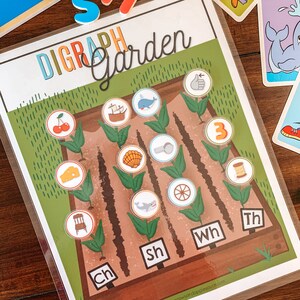Puede incluir: Un juego educativo imprimible colorido para ni&ntilde;os que presenta un jard&iacute;n con diferentes plantas y una variedad de im&aacute;genes. El juego est&aacute; dise&ntilde;ado para ayudar a los ni&ntilde;os a aprender sobre d&iacute;grafos, que son dos letras que hacen un solo sonido. El juego incluye los d&iacute;grafos "ch", "sh", "wh" y "th".