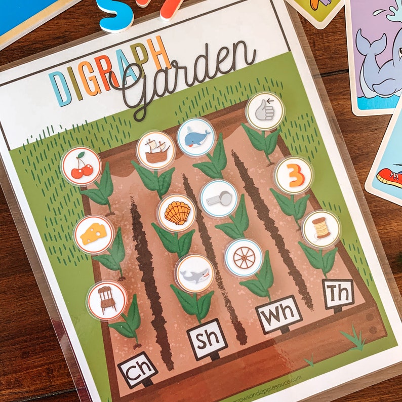 Puede incluir: Un juego educativo imprimible colorido para ni&ntilde;os que presenta un jard&iacute;n con diferentes plantas y una variedad de im&aacute;genes. El juego est&aacute; dise&ntilde;ado para ayudar a los ni&ntilde;os a aprender sobre d&iacute;grafos, que son dos letras que hacen un solo sonido. El juego incluye los d&iacute;grafos "ch", "sh", "wh" y "th".
