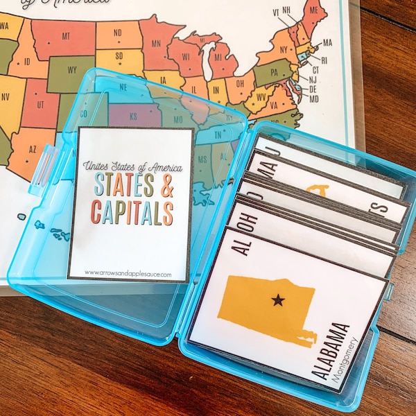 U.S. States and Capitals, Printable Flashcards. United States, State Cards, U.S. Geography, Homeschool Activity, Social Studies, CC Cycle 3