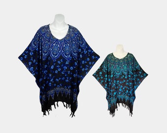 Star Mandala Poncho Top with Fringe - Plus Size, Light Weight Rayon