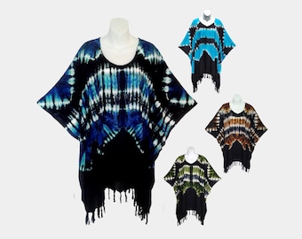 Tribal Tie Dyed Poncho Top with Fringe, Light Weight Rayon